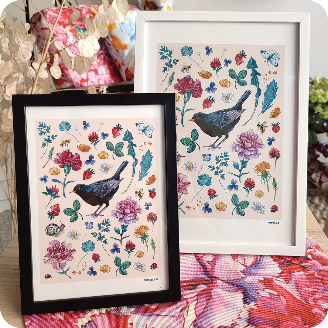Due stampe incorniciate che raffigurano un merlo circondato da elementi vegetali, chiocciole, api e coccinelle su fondo rosato