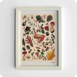 Stampa incorniciata raffigurante al centro un pettirosso circondato da foglie, fiori, ghiande, bacche, funghi e rametti su fondo crema